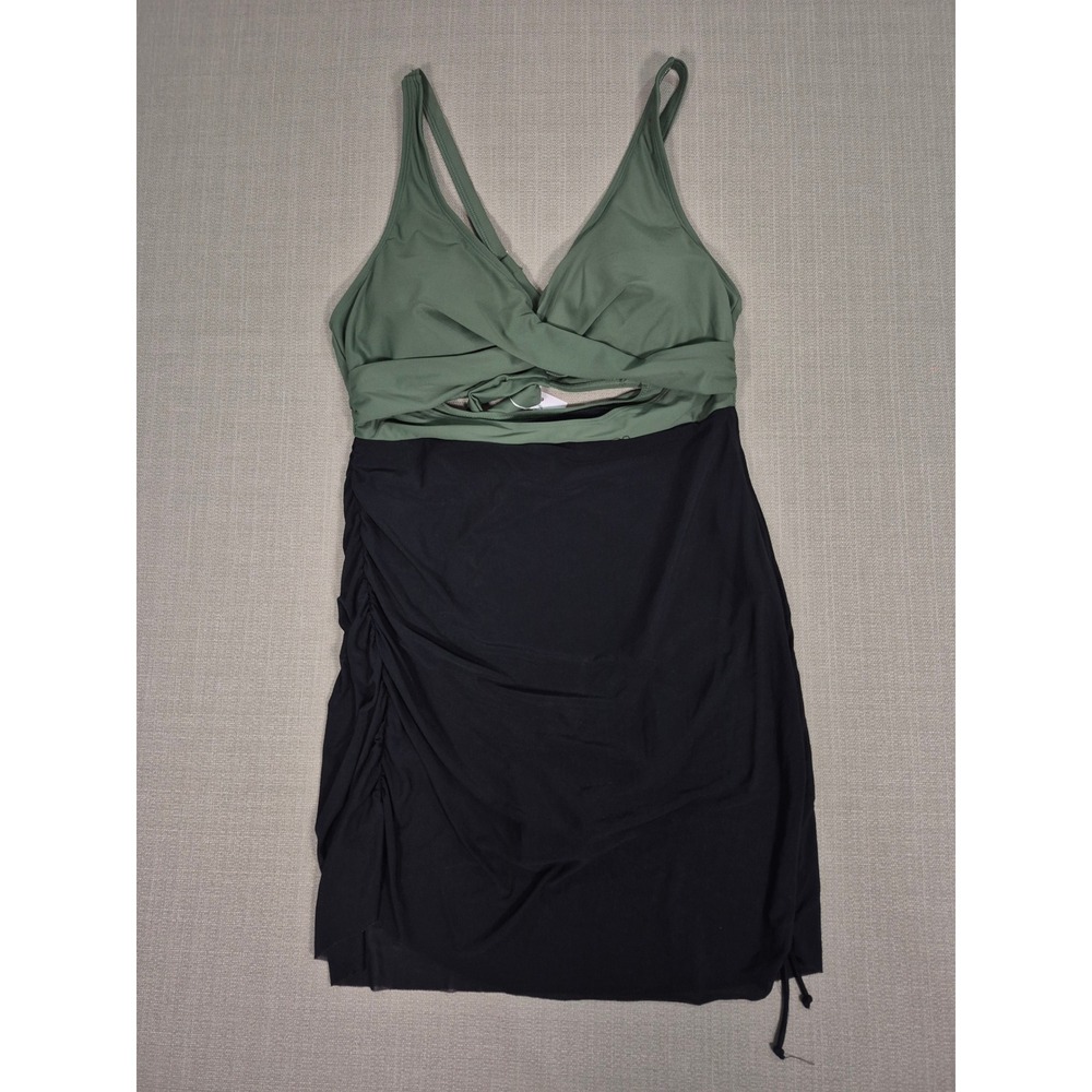 B2PRITY Women Swim Dress One Piece Tummy Control Olive Green Black XL NEW